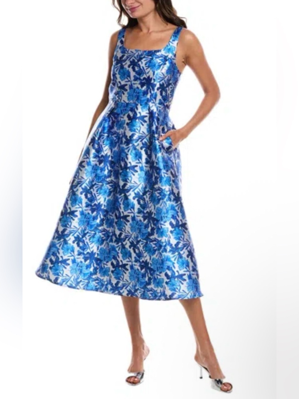 Donna Ricco Blue Floral tank top Midi Dress Sz 8